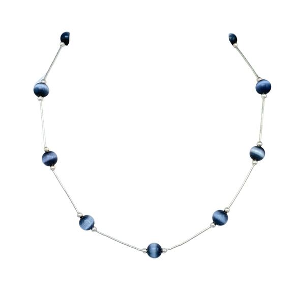 Liquid Silver 925 Black Cat's Eye Bead Station Necklace 15.75" - Picture 1 of 5